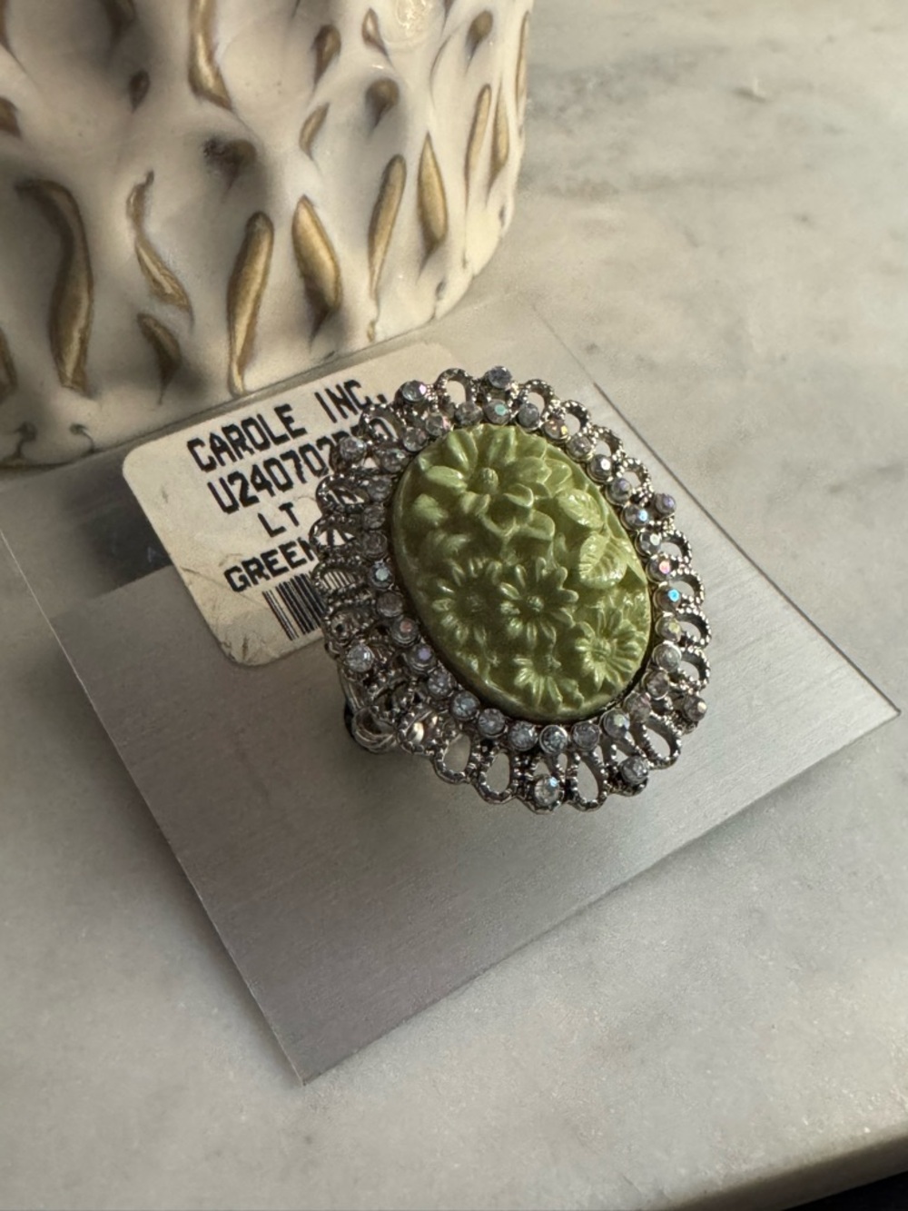 Green Floral Cameo Brooch with Crystal Halo